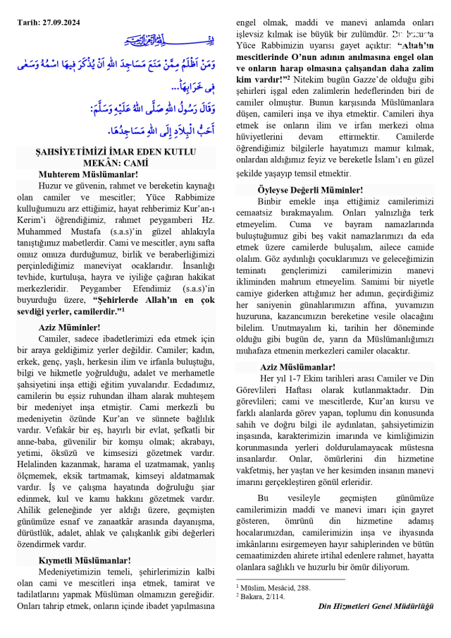 27 Eylül Cuma Hutbesi tam metni, Diyanet İşleri Başkanlığı hutbe