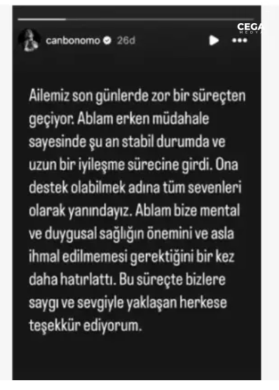 Can Bonomo'nun ablası Funda Bonomo'nun sağlık durumu hakkında açıklama yapan ünlü şarkıcı Can Bonomo.