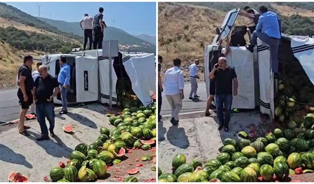 Karpuz yüklü kamyonet yan yattı