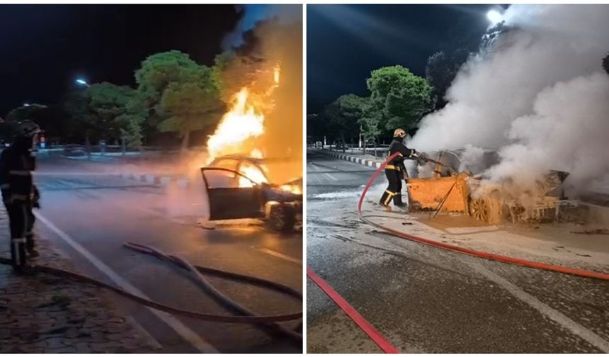 Van'da otomobil alev alev yandı